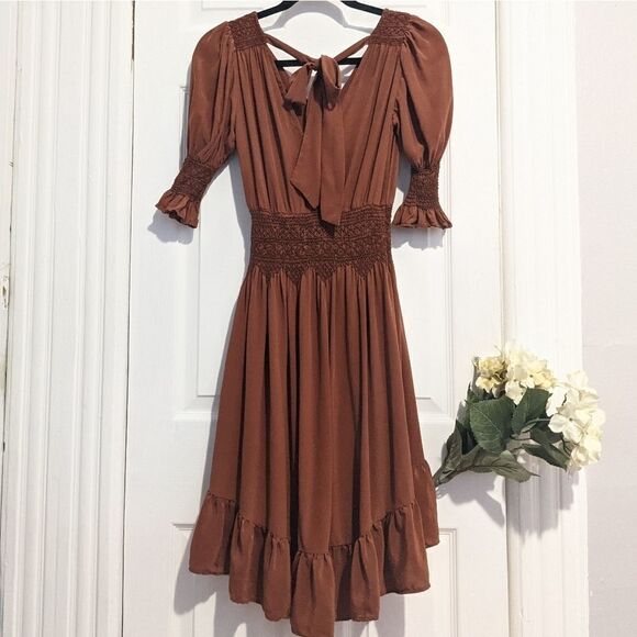 Love Sam Blixen Smocked Dress Cognac Silk Boho - Picture 6 of 12